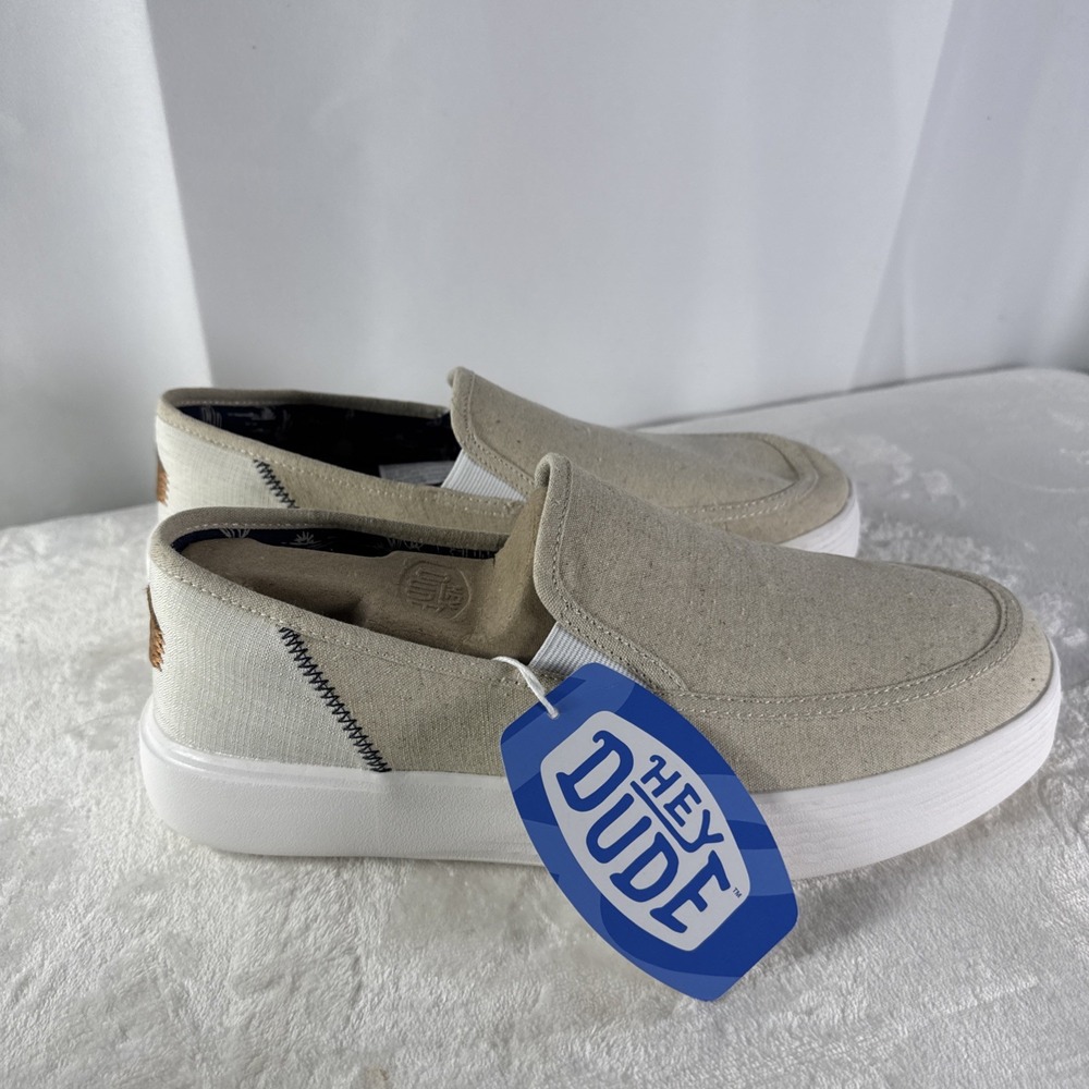 HEY DUDE Men's Size 10 Sunapee M Craft slip on Loafers Linen beige white NWT NEW
